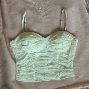 White Cropped Lace Bustier with Pearl Embellishment